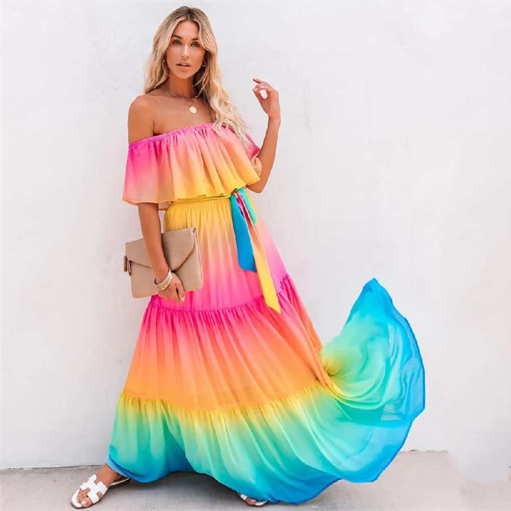 Rainbow Off Shoulder Maxi Dress | sebastian7